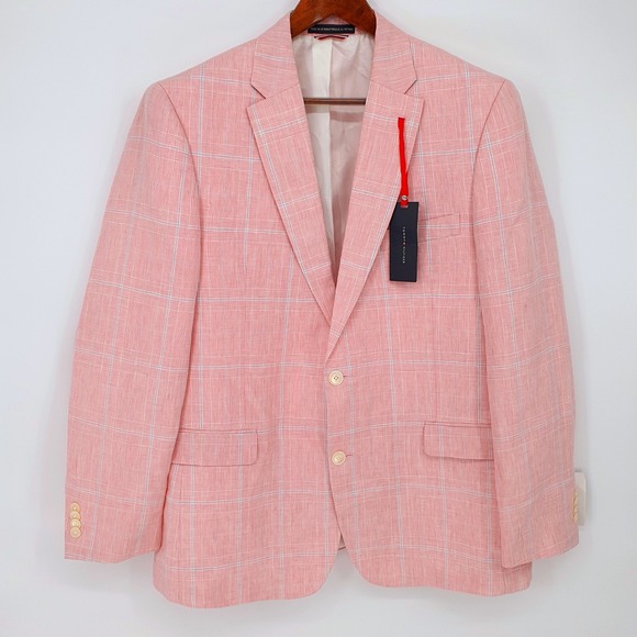 NWT Tommy Hilfiger Linen Pink Blue Plaid Two Button Blazer Sport Coat 44R $295 - Picture 1 of 9